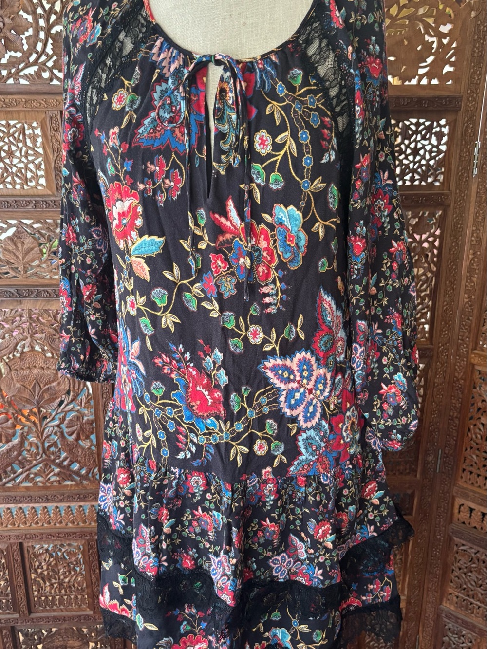 Alice + Olivia Black Floral Print Dress with Multicolor Accents